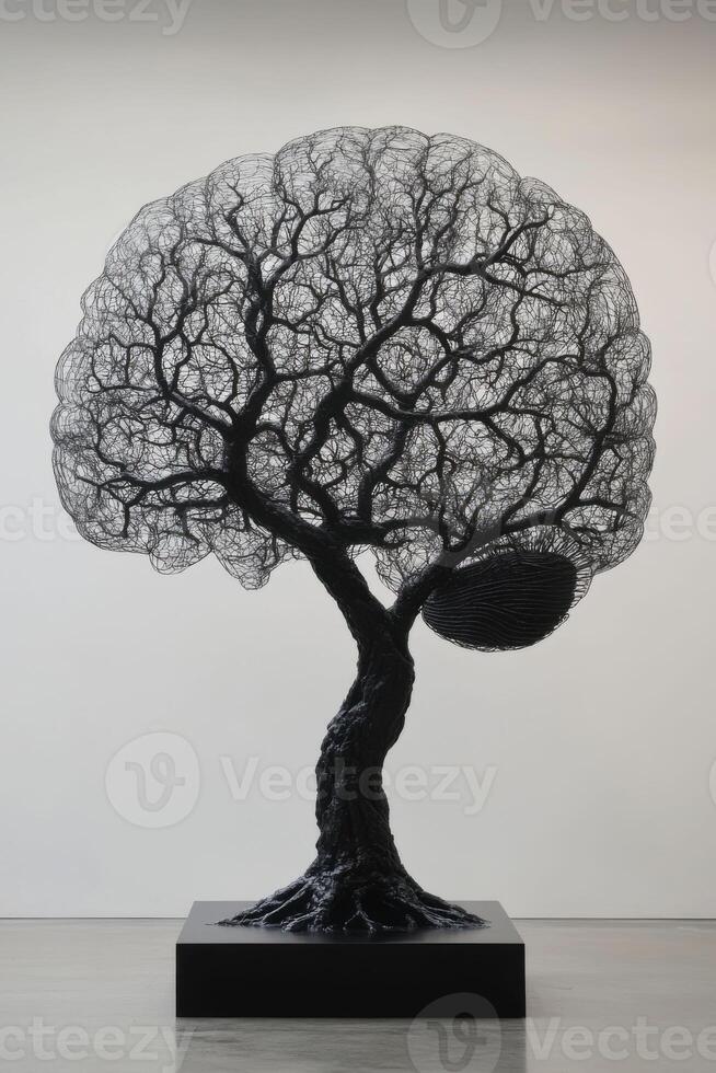 Monochrome ethereal wire tree sculpture with intricate detail. photo