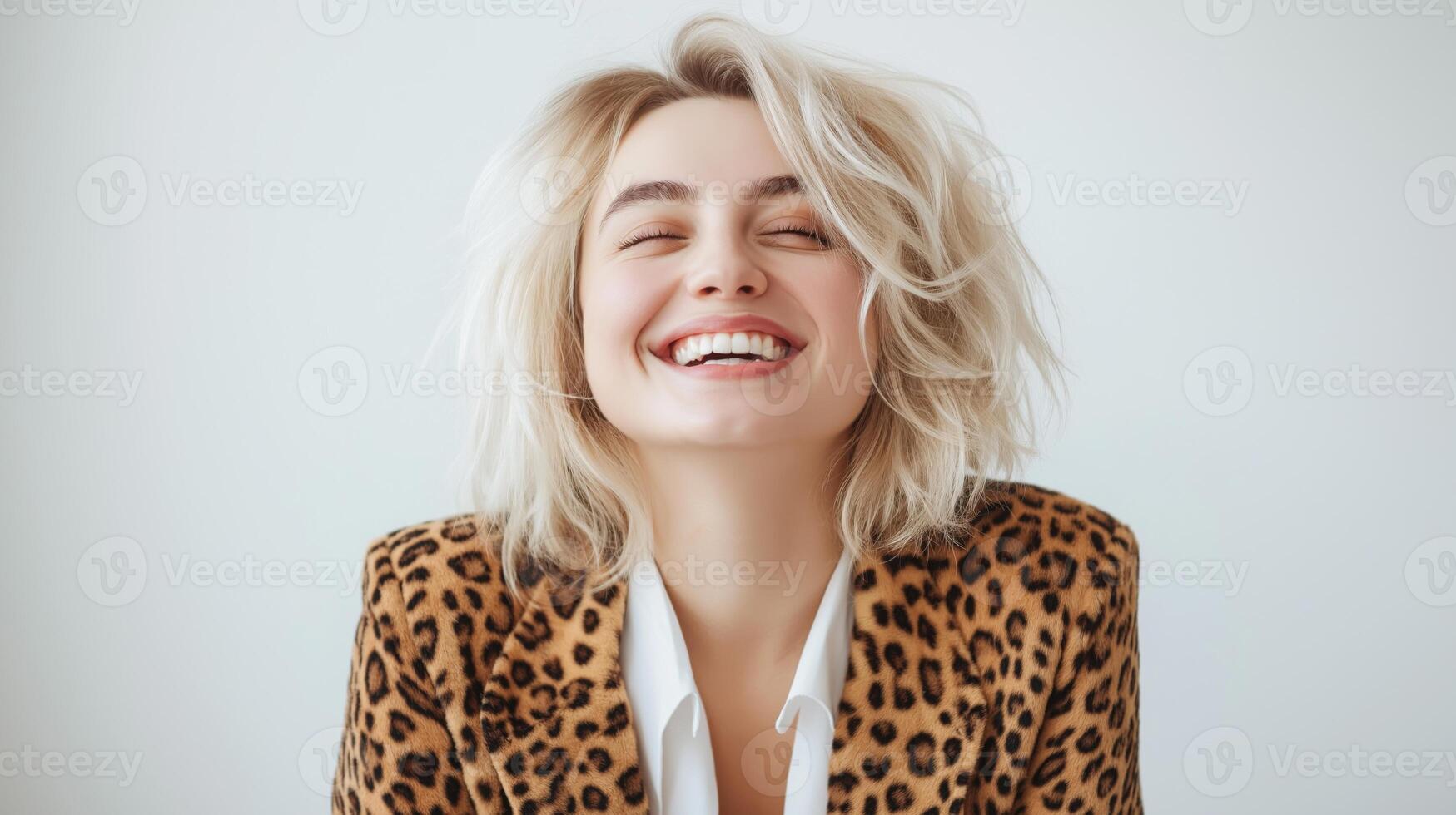 Smiling woman in leopard print jacket enjoys a joyful moment at home during bright daylight. photo
