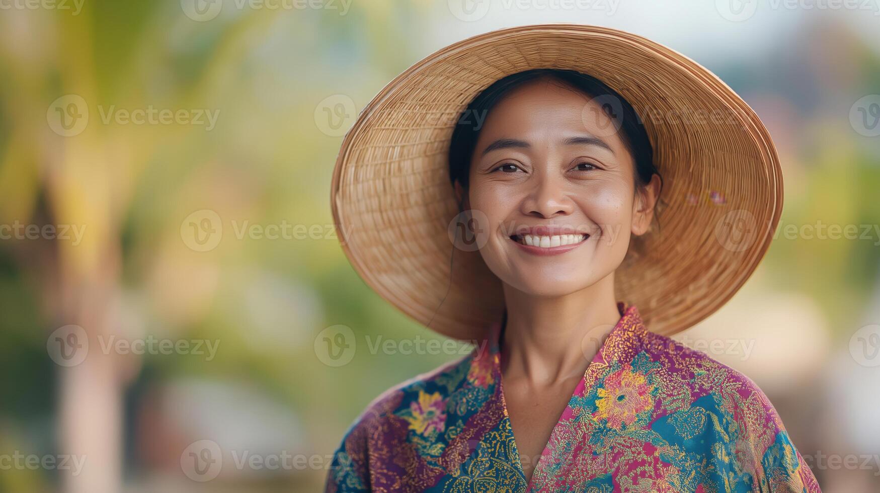 Smiling Asian woman wearing a straw hat and colorful attire, captured outdoors in a vibrant, tropical setting. photo