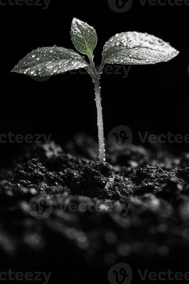 Dew-Kissed Sprout Emerging from Dark Soil photo