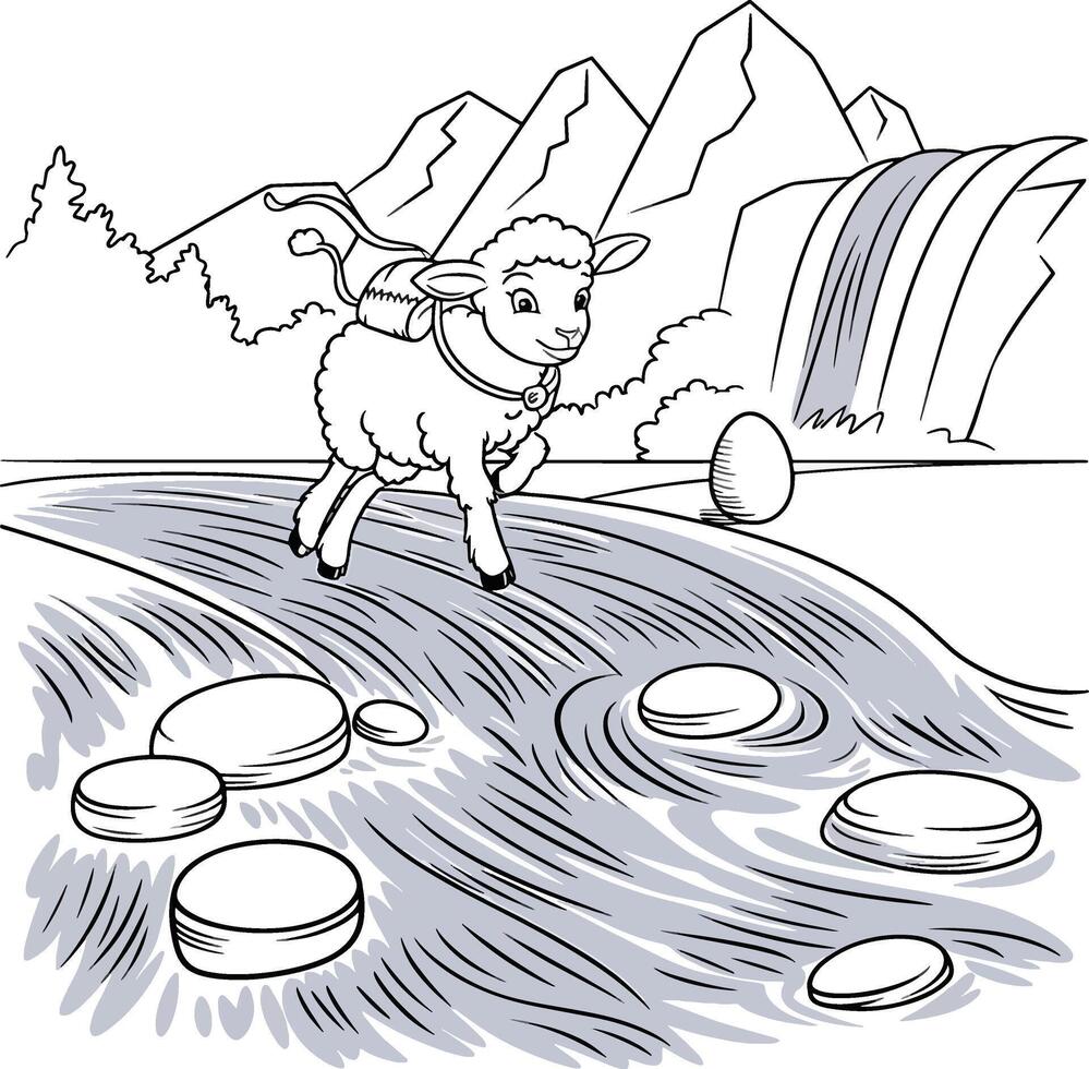 a sheep is climbing a mountain with bag and stick to achieve egg vector