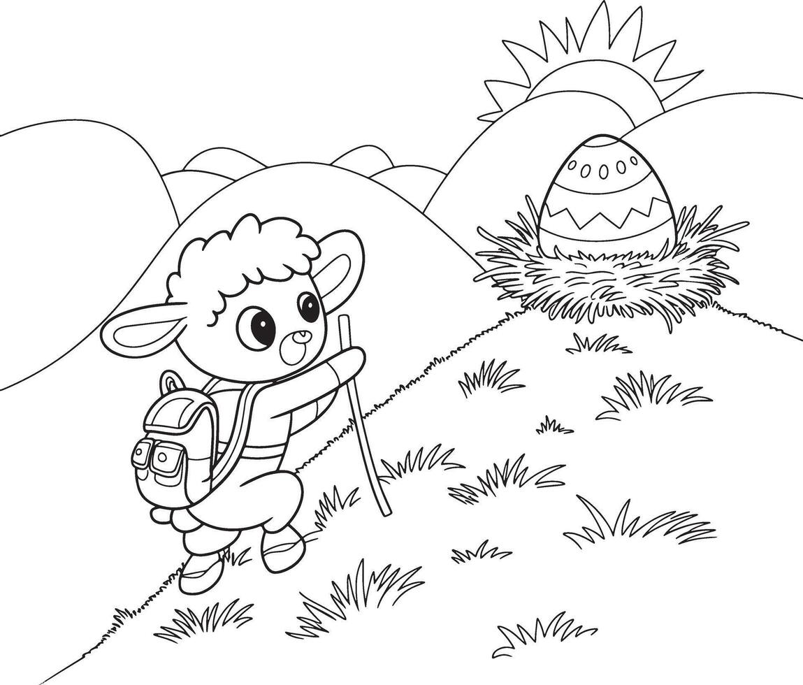 a sheep is climbing a mountain with bag and stick to achieve egg illustration vector