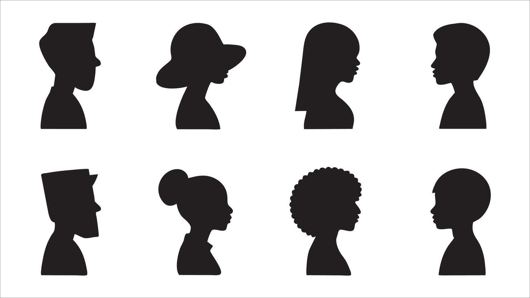 Diverse Black Silhouettes Profile Views, Hair Styles, Hats vector