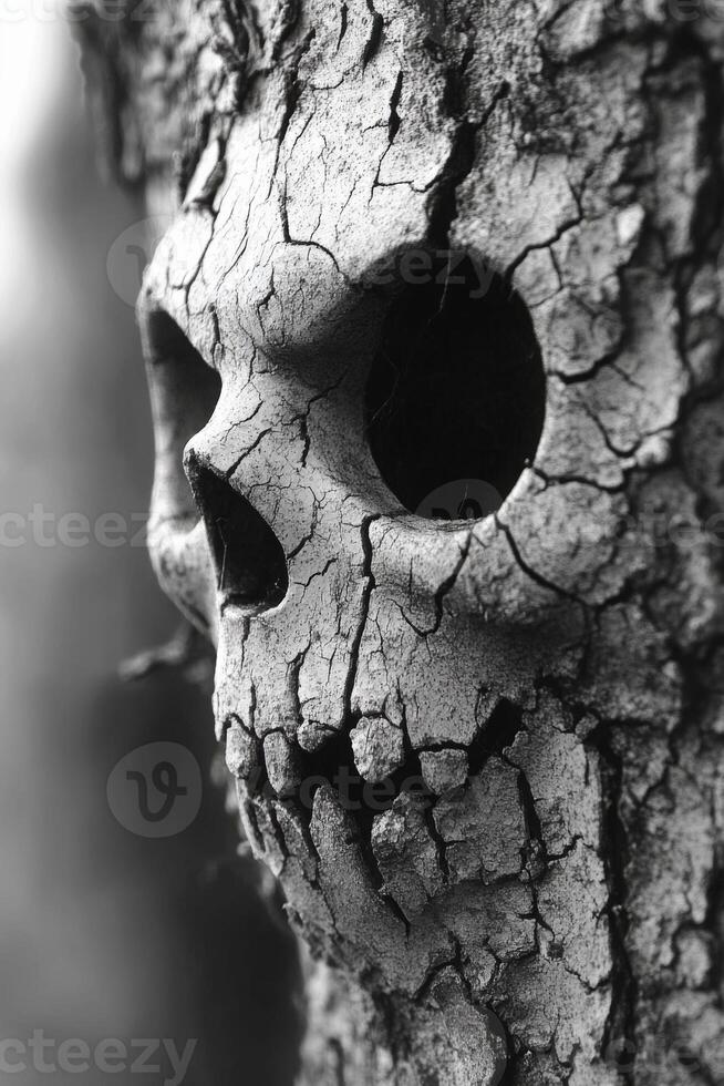 A black and white photo of a skull on a tree