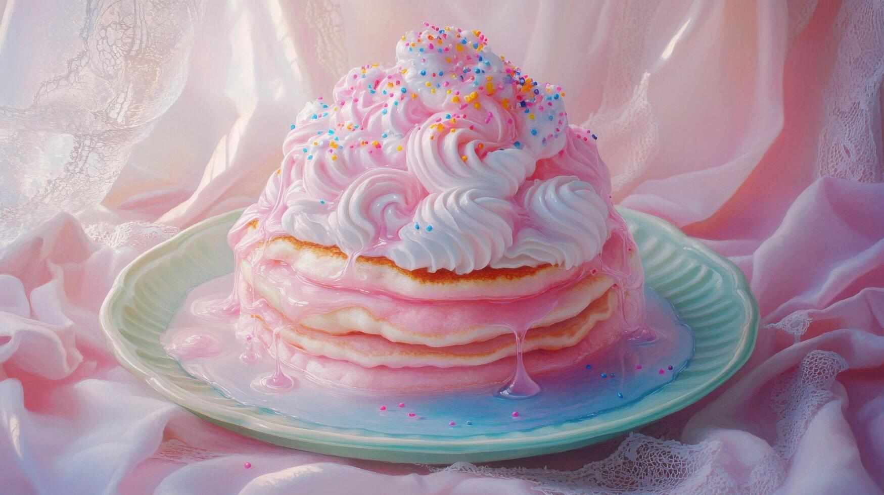 Pastel pancakes with icing and sprinkles on a plate, delicious food, photo