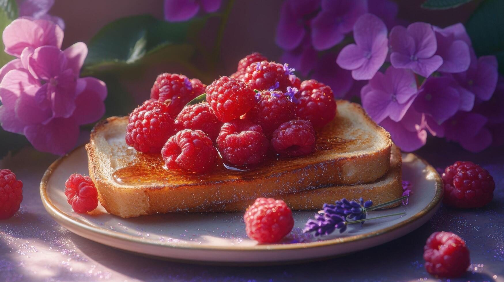 Toast with Raspberries and Honey, Enhanced by Floral Accents, photo