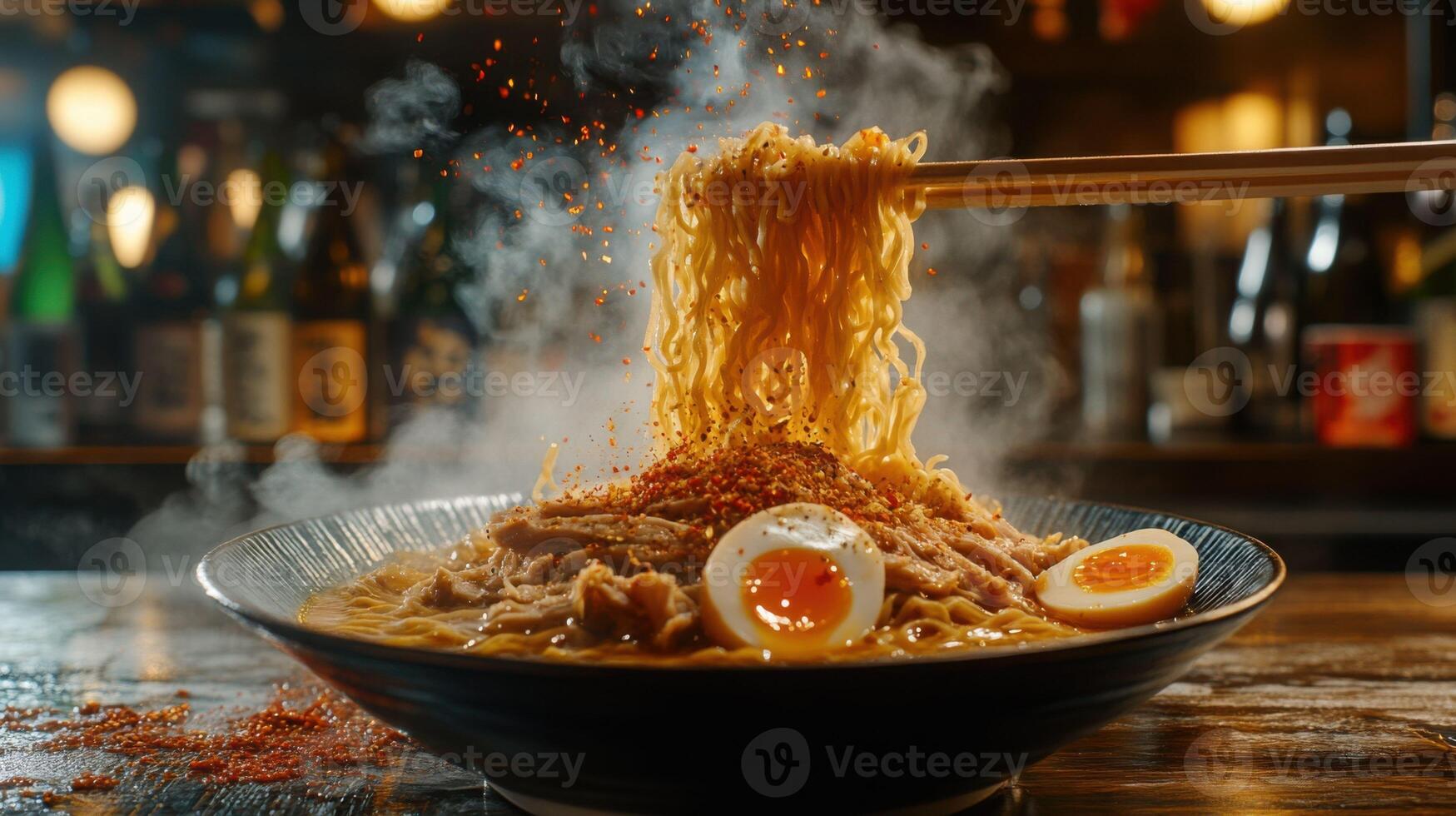 Authentic Ramen Bowl with Steam and Chopsticks close-up shot, photo