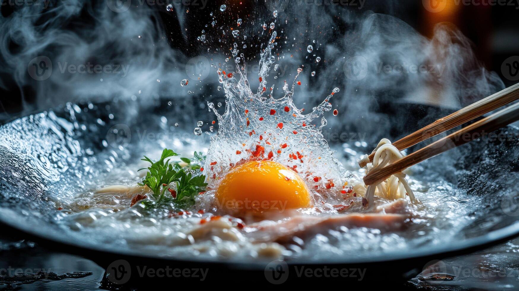 Explosion of Flavor Steaming Ramen with Egg and Chopsticks, Food Art photo