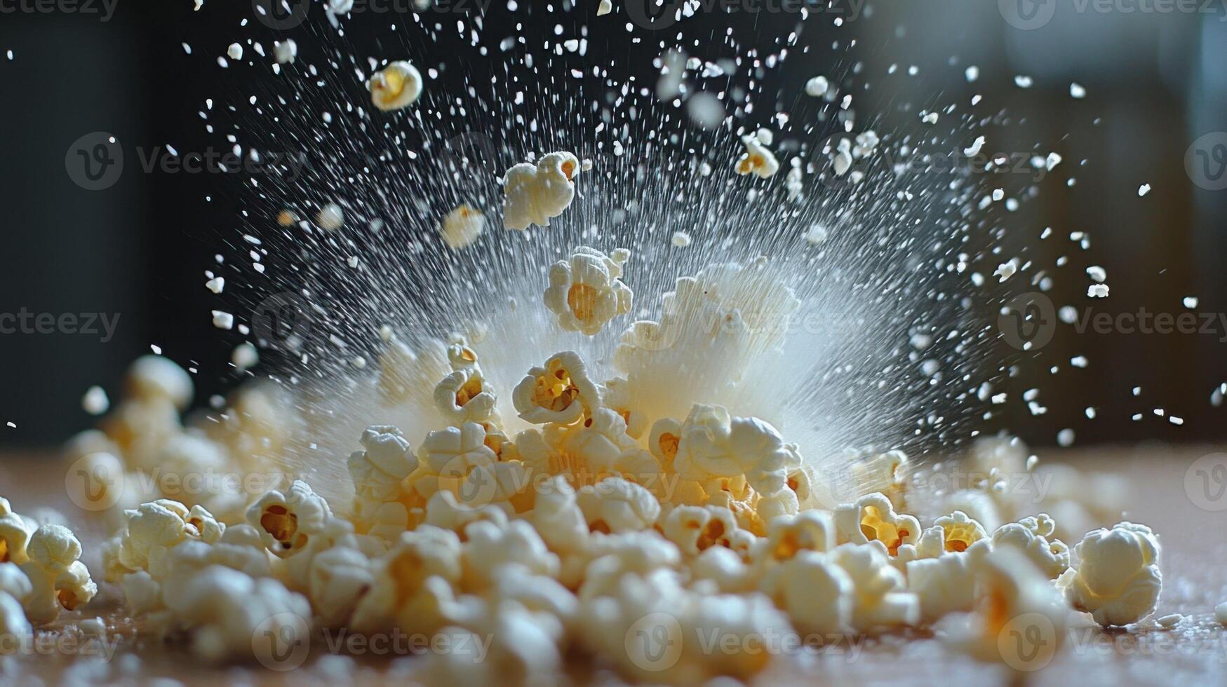 Dynamic Popcorn Explosion A Cinematic Snack Moment with Surrounding Particles, photo
