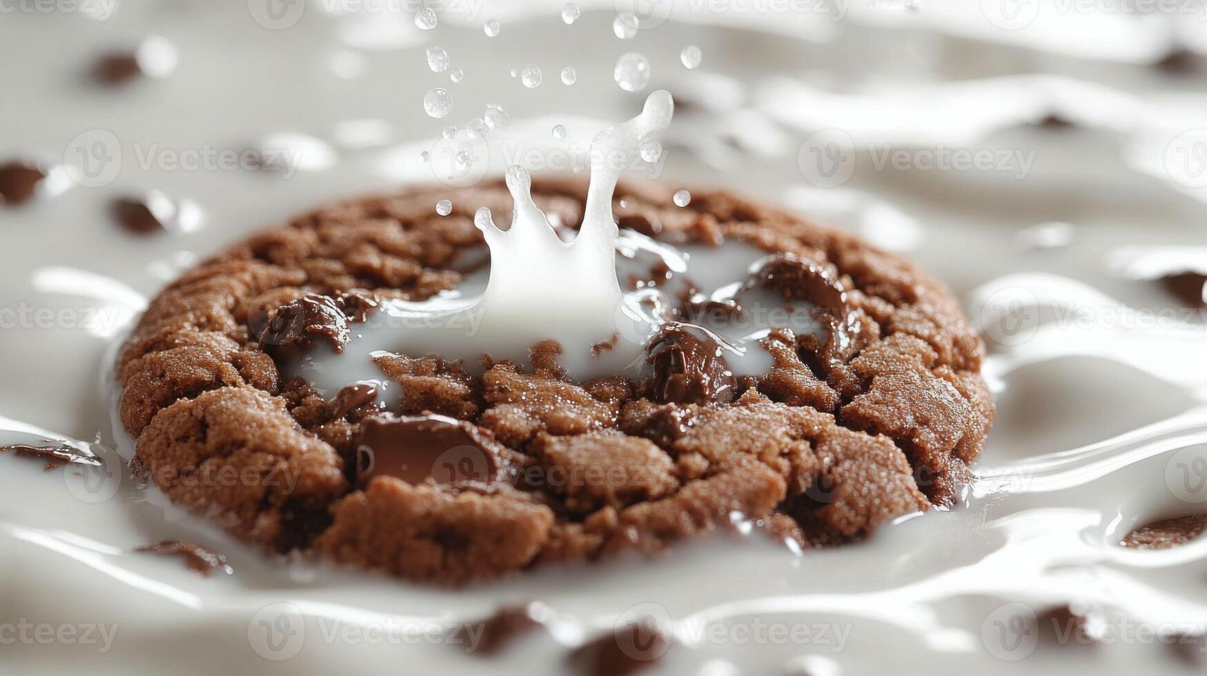 Chocolate chip cookie dunked in milk creating splash. Delicious treat. photo