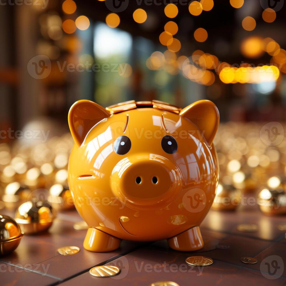 A piggy bank on a table with golden coins photo