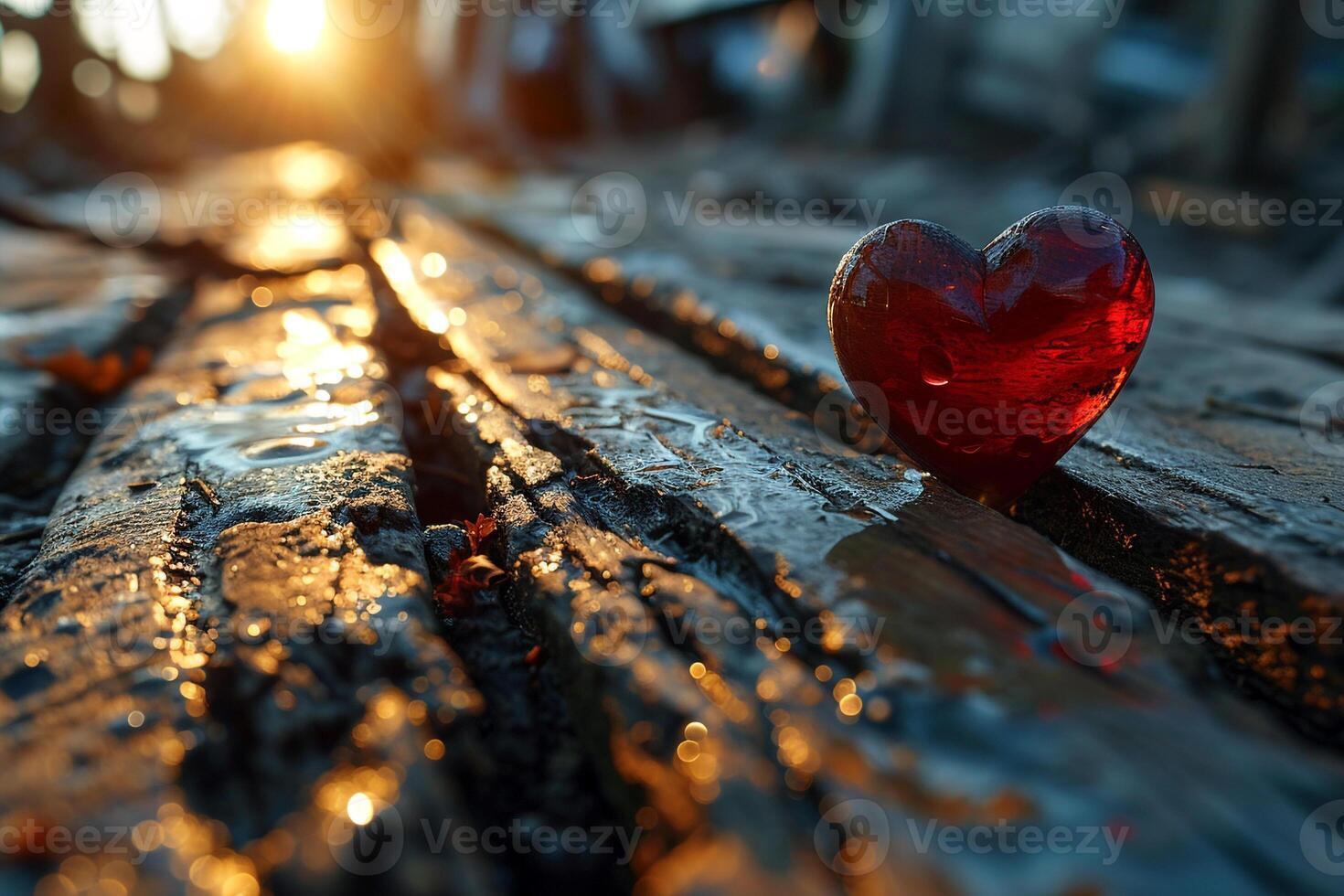 A red heart sits on a wooden plank photo
