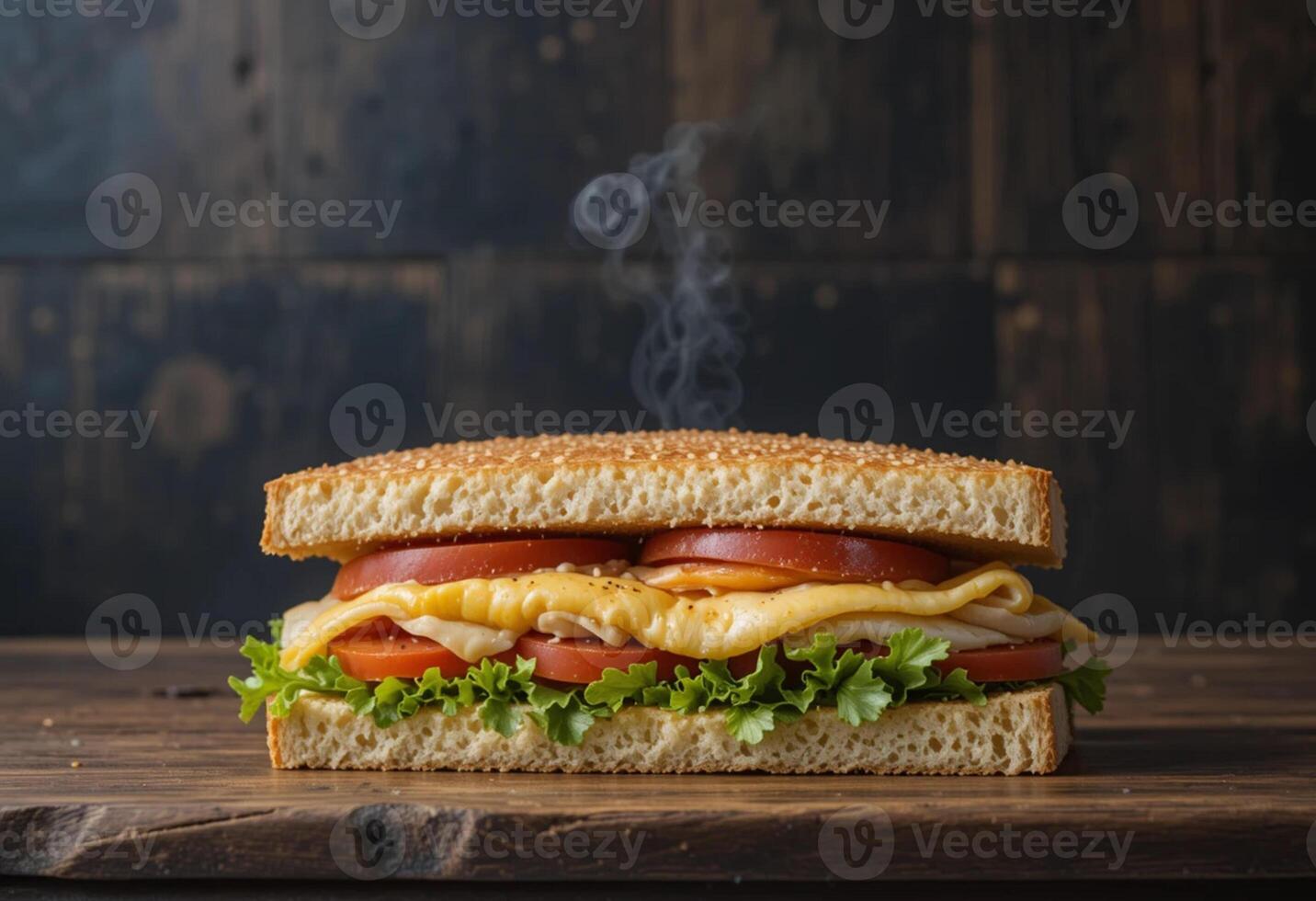 A sandwich with cheese, tomatoes and lettuce on a wooden table photo