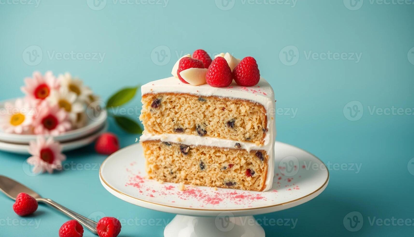 A slice of cake with raspberries on a white plate photo