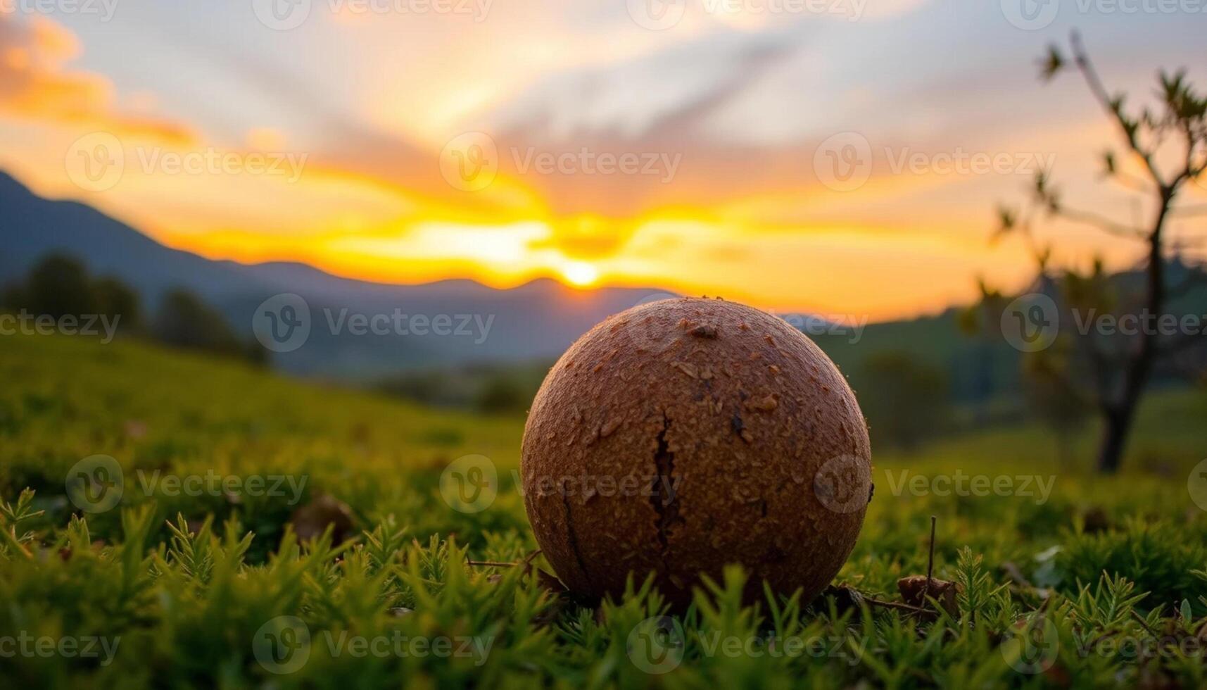 A coconut is sitting on the grass in front of a sunset photo