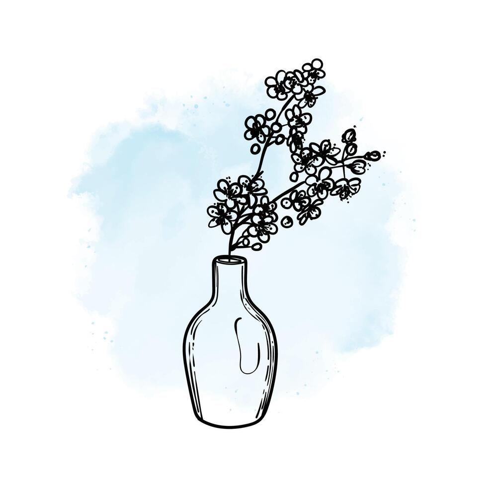 Hand drawn line art cherry blossom branch on a vase. illustration of spring flower. Elegant doodle of beautiful flower on watercolor background. Graphic assets for print and online designs. vector