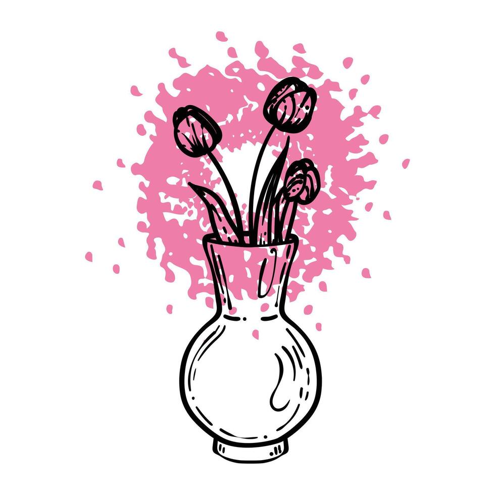 Hand drawn line art tulips bouquet in a vase. illustration of spring flowers. Elegant doodle of beautiful flowers on pink sketched background. Graphic assets for print and online designs. vector