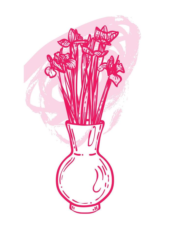 Hand drawn line art irises bouquet in a vase. illustration of spring flower. Elegant coral doodle of beautiful flower on pink sketched background. Graphic assets for print and online designs. vector