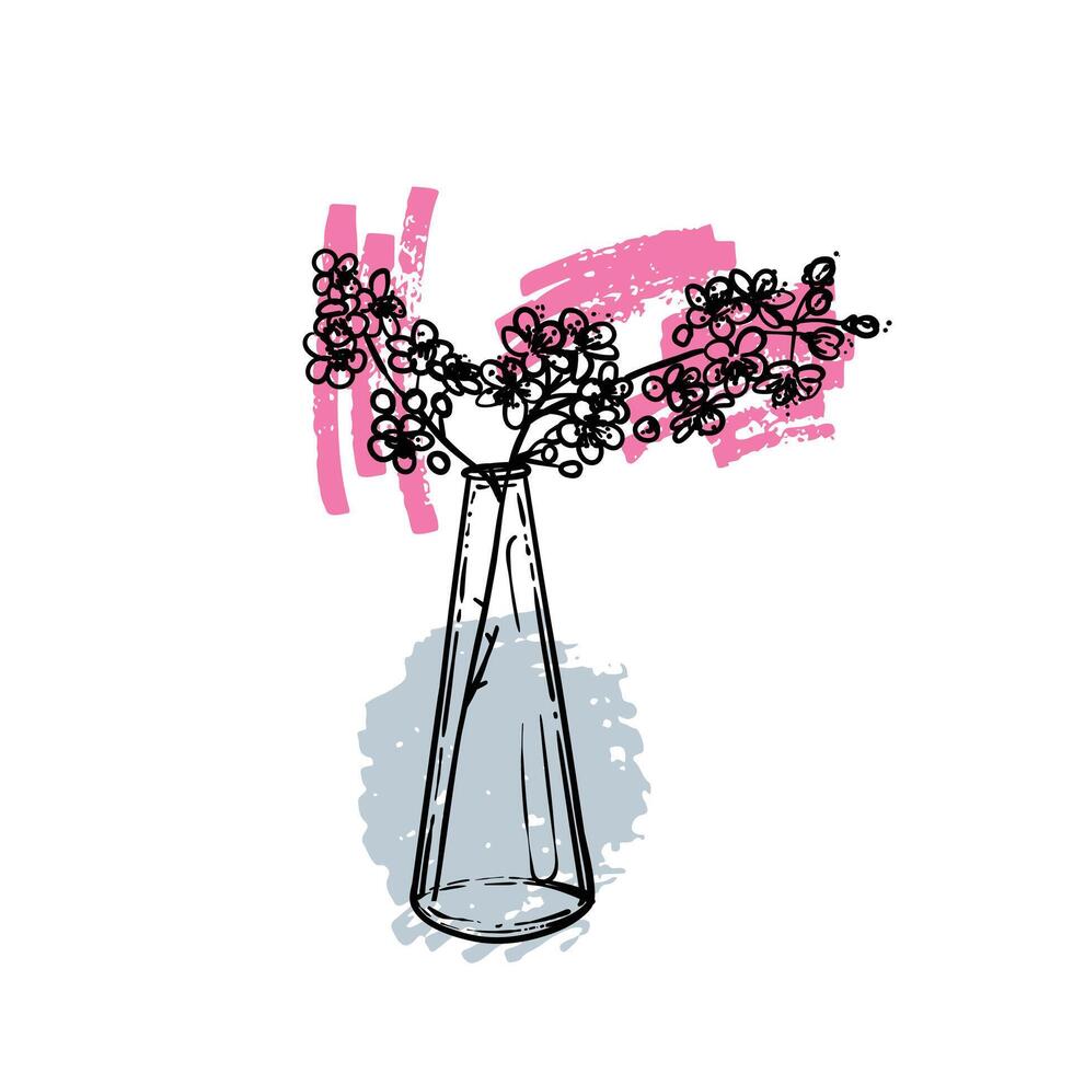 Hand drawn line art cherry blossom branch on a vase. illustration of spring flower. Elegant doodle of beautiful flower on pink sketched background. Graphic assets for print and online designs. vector