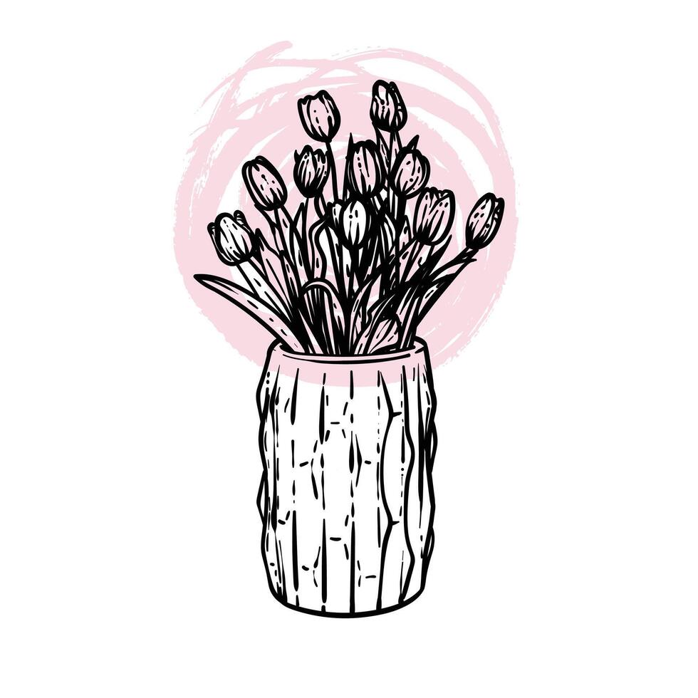 Line art hand drawn tulips bouquet in a vase. illustration of spring flowers. Elegant doodle of beautiful flowers on pink sketched background. Graphic assets for print and online designs. vector
