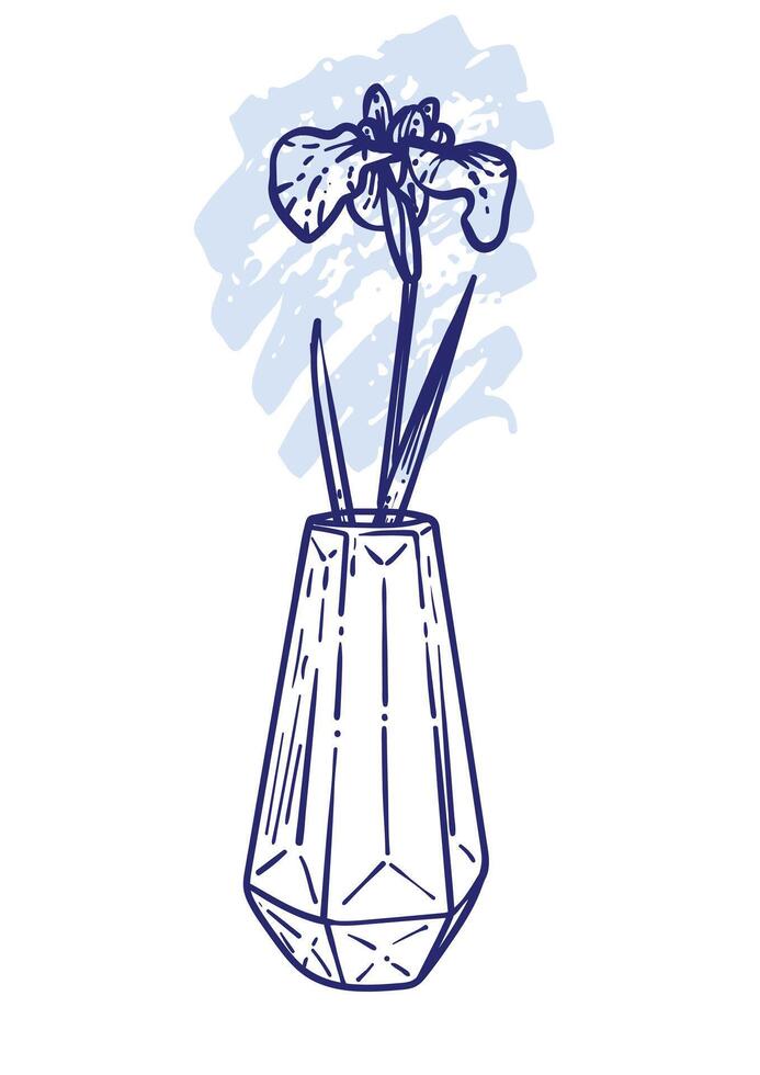 Hand drawn line art iris in a vase. illustration of spring flower. Elegant doodle of beautiful flower on light blue sketched background. Graphic assets for print and online designs. vector