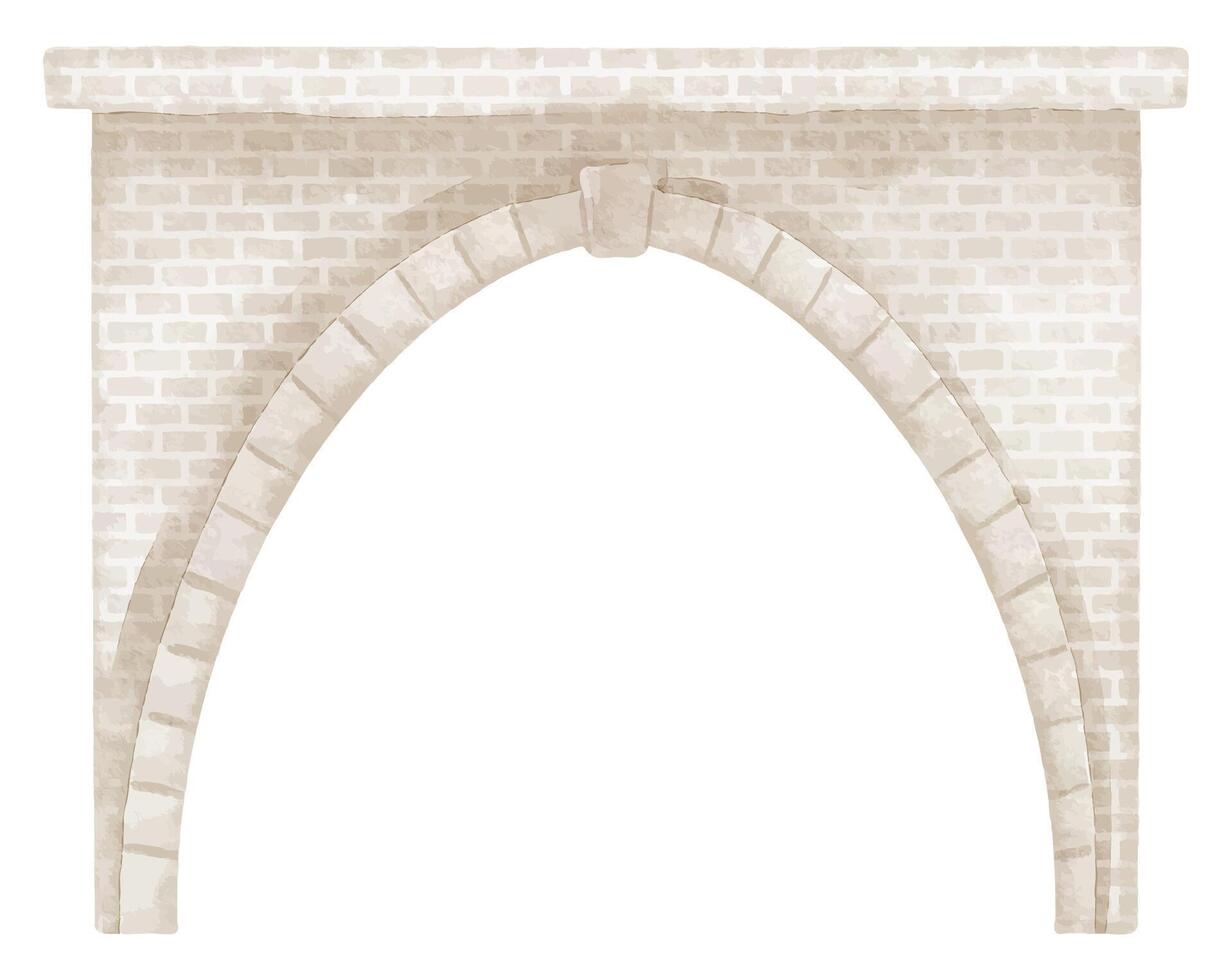 Watercolor stone Arch illustration. Drawing of antic structure element on isolated background. Art of historical masonry wall with doorway for childish greeting cards or kids invitations. vector