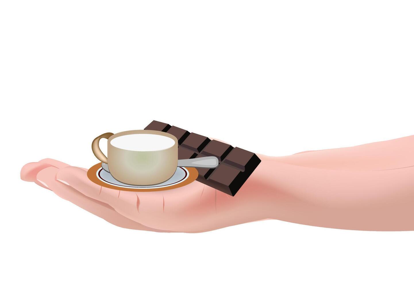 Hand holding cup of milk with chocolate bar, sweet treat and indulgence vector