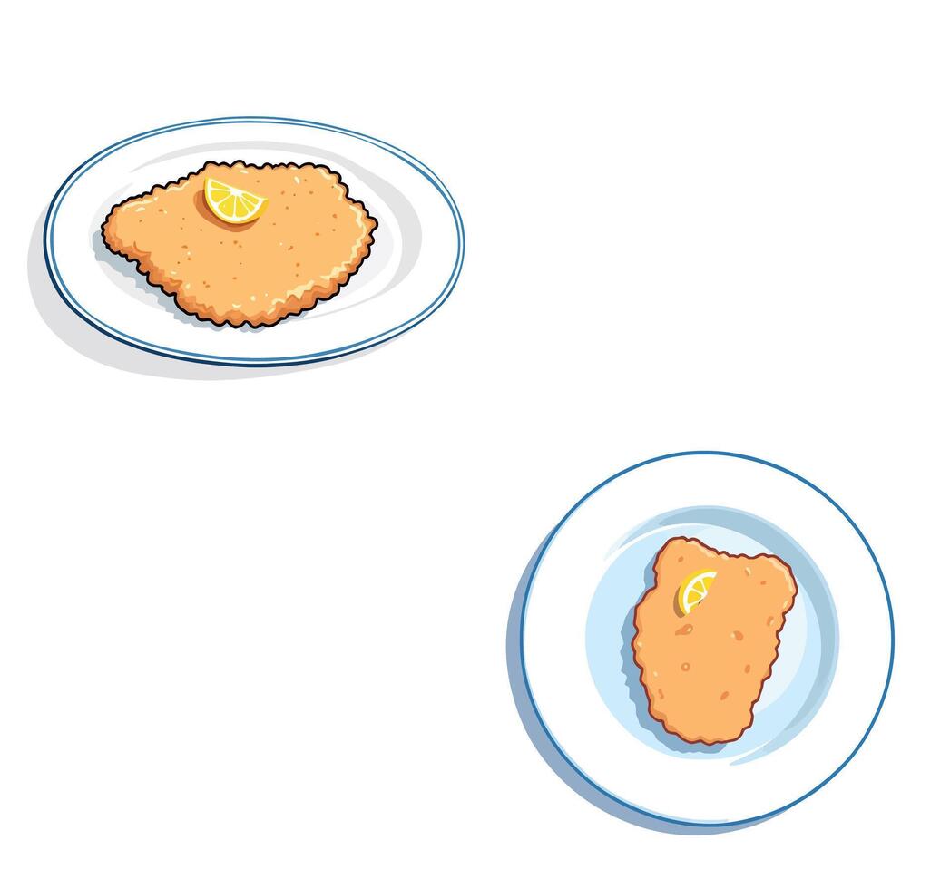 A plate with a chicken cutlet and a plate with a lemon vector