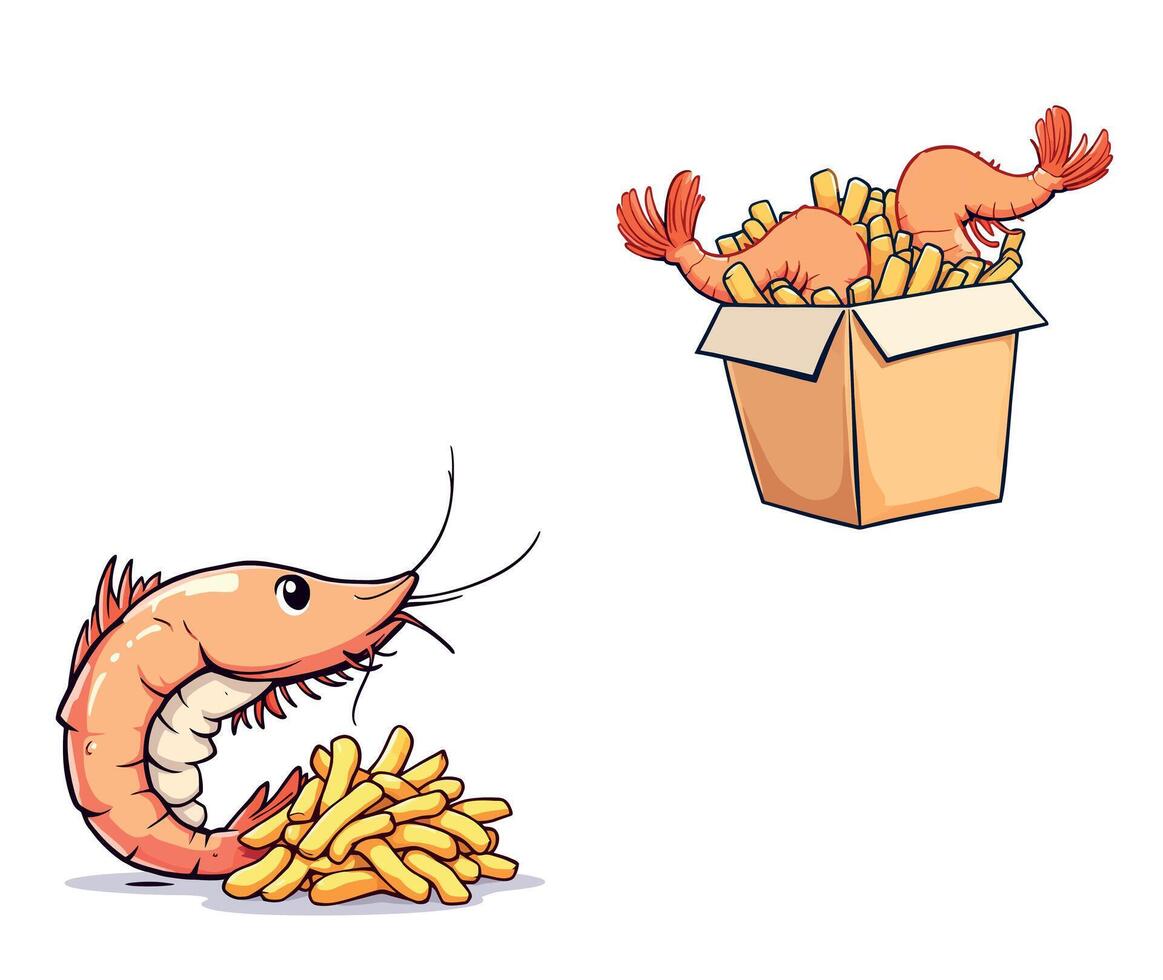 Cartoon shrimp and fries in a box vector