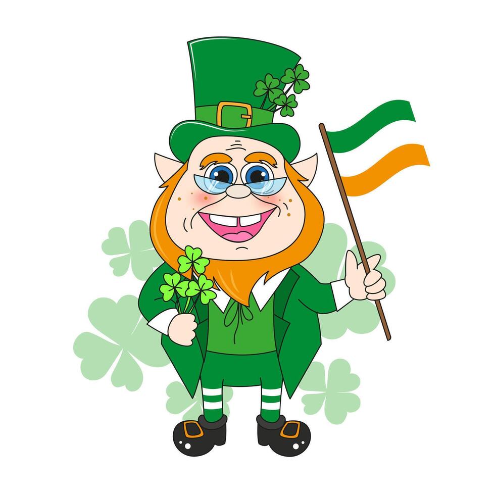 Cartoon leprechaun with Ireland's flag with bouquet of clover. St. Patrick's Day post card, decorative element. Shamrock luck symbol. vector