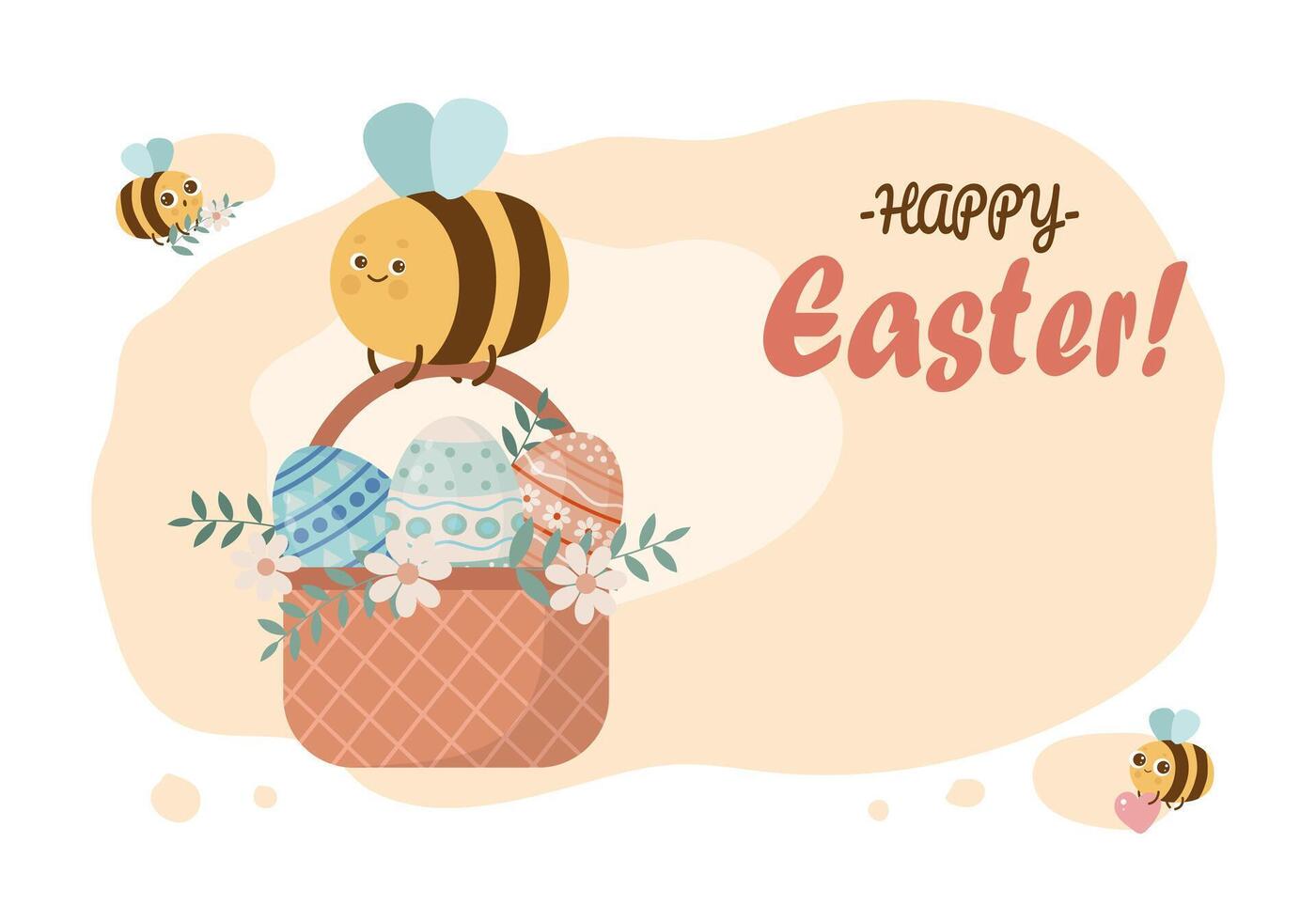 Happy Easter banner or greeting card with eggs, flowers and big bee vector
