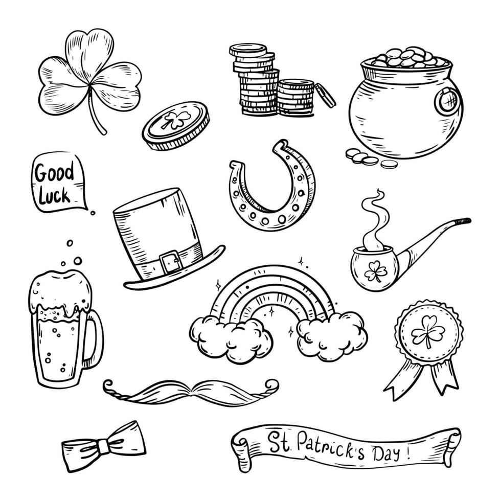 St. Patrick's Day clip art set. Outline elements for retro design. Hats, four-leaf clovers, glasses of beer, pots with gold, flag, horseshoes and coins. Patrick's Day celebration vector