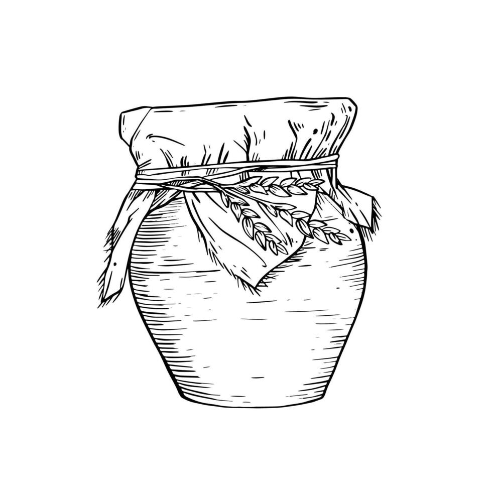 Antique clay pot with stalks of wheat. Linear drawing in engraving style. Vintage books illustration vector