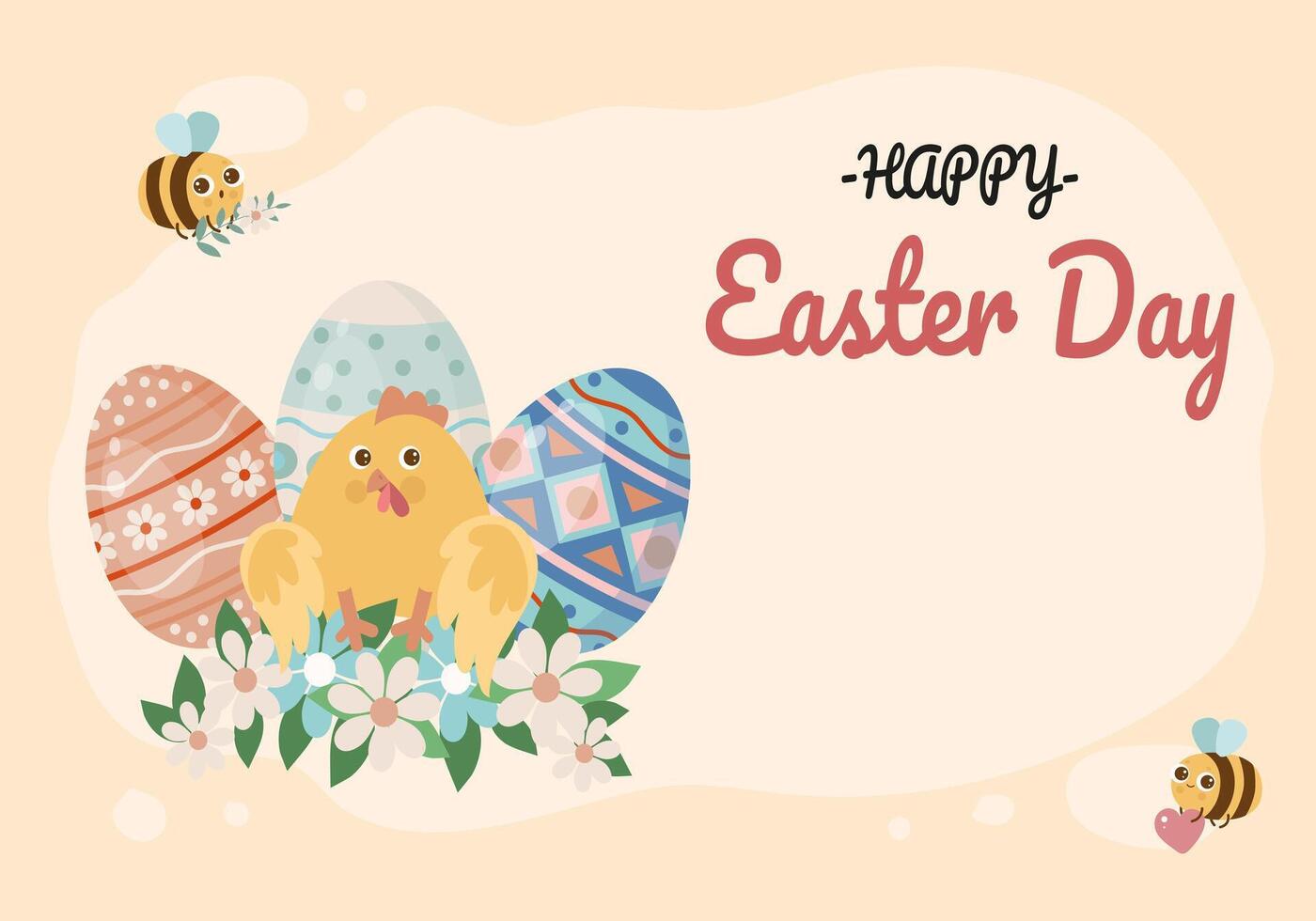 Happy Easter banner or greeting card with eggs, chicken and bee. vector