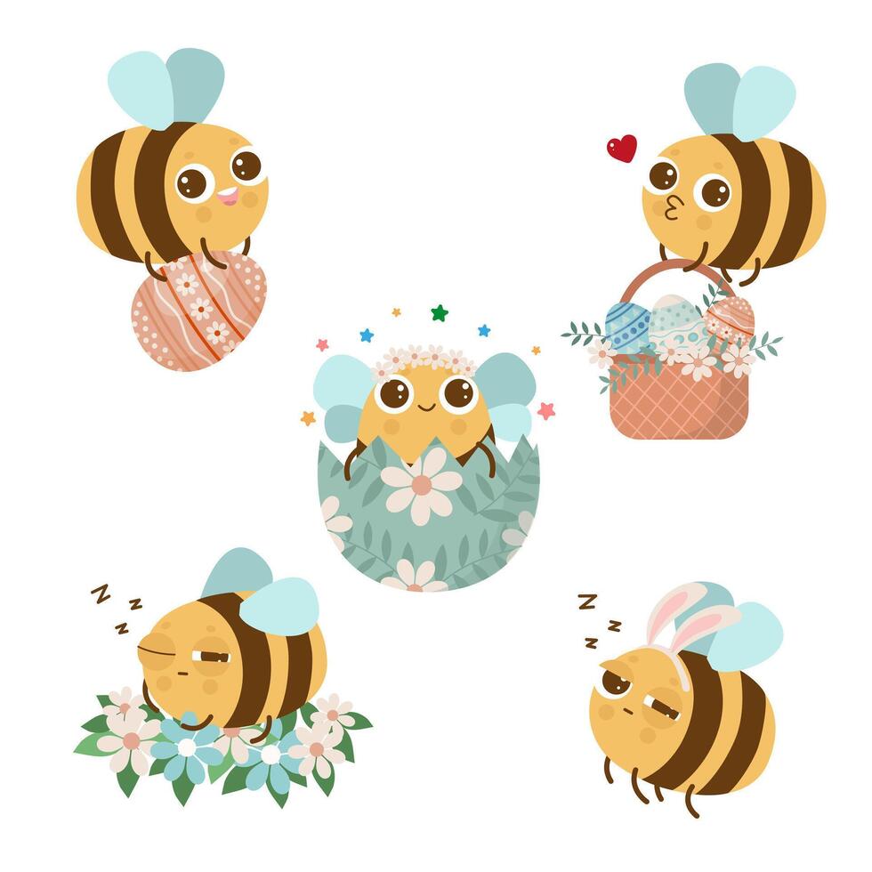 Cute cartoon bee Easter set with eggs. Easter decorative elements for stickers, posters, messenger. Easter congratulations vector