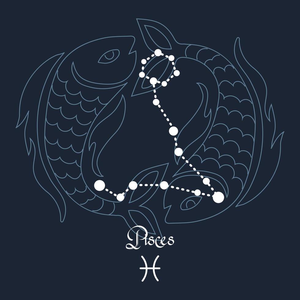 Pisces, constellation and zodiac sign on the background of the cosmic universe. Blue and white design. Illustration vector