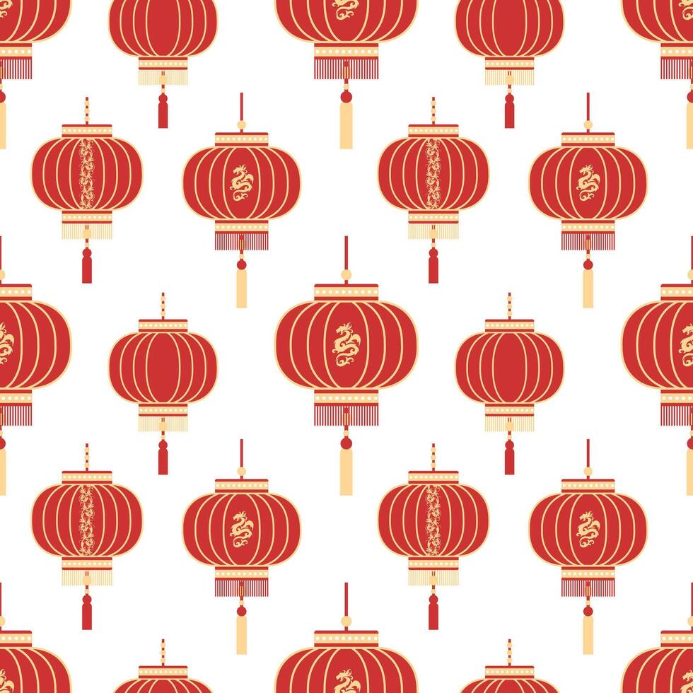 Seamless pattern, red-gold Chinese lanterns on a white background. Prin, textile, background vector