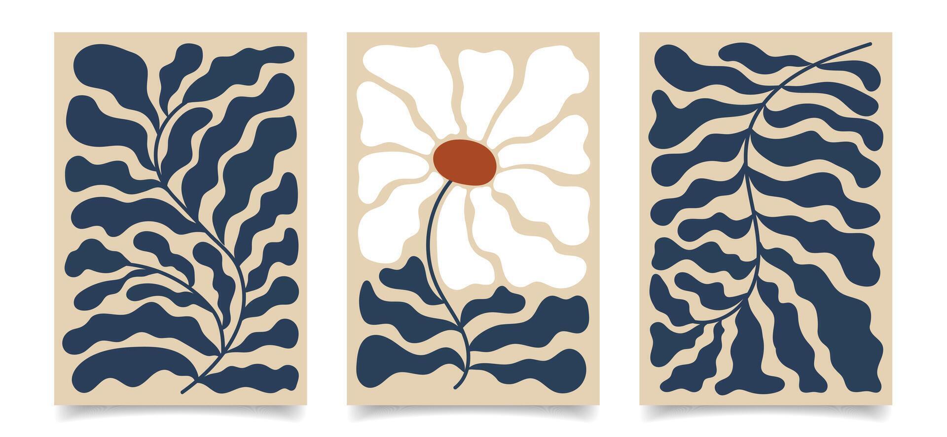 Set of abstract cards with floral motifs. Contemporary tapestries with bohemian flowers and plants. Set of wall posters. vector