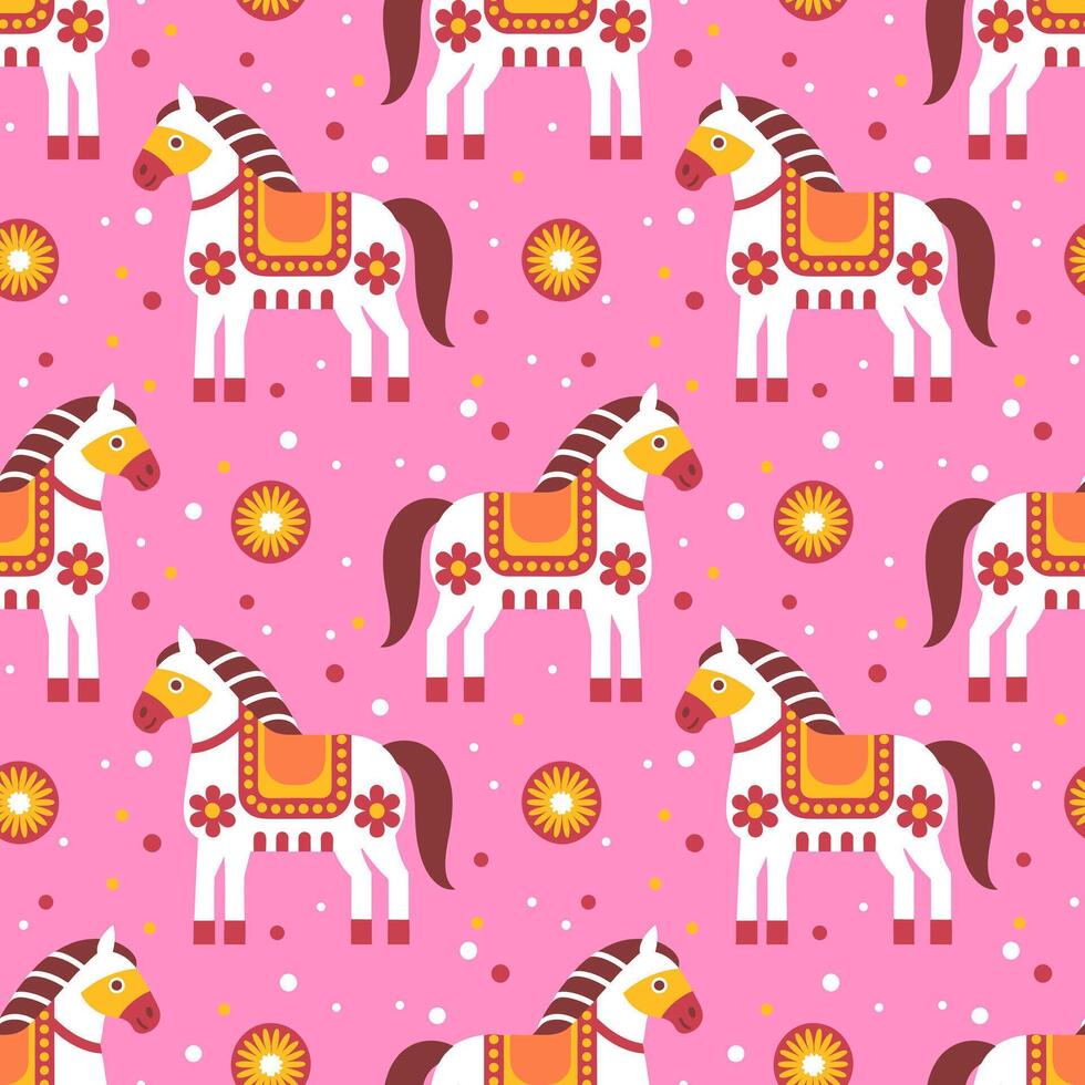 Seamless pattern with cute horses, flowers on a pink background. Pop art style background vector