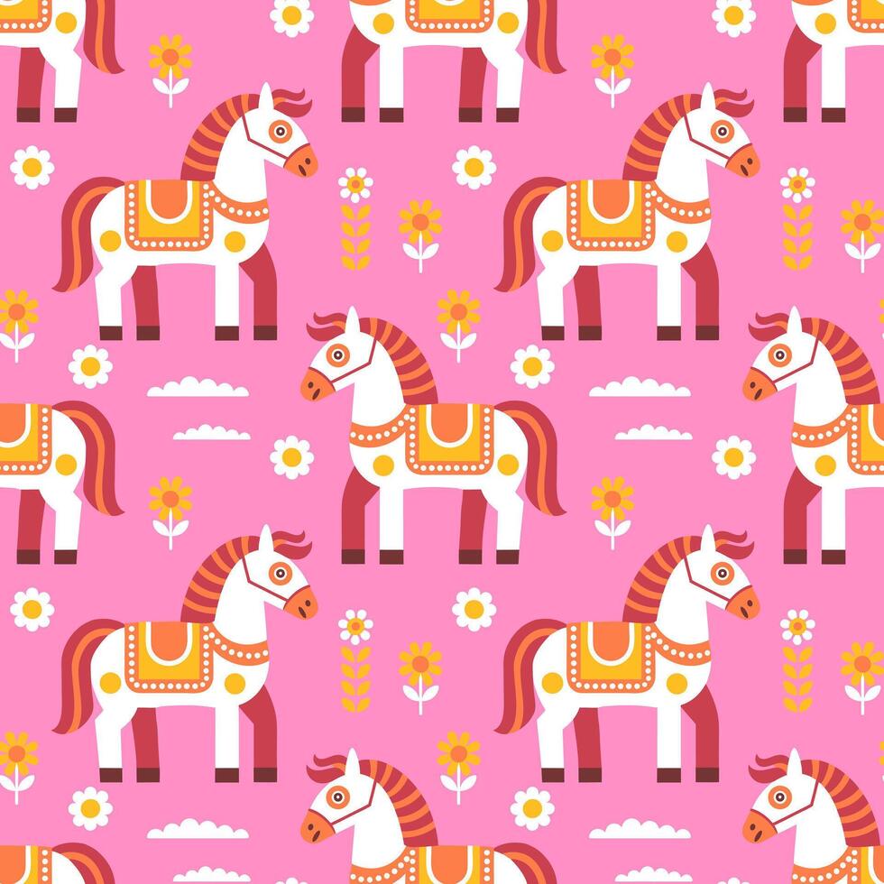 Seamless pattern with cute horses, flowers and clouds on a pink background. Pop art style background vector