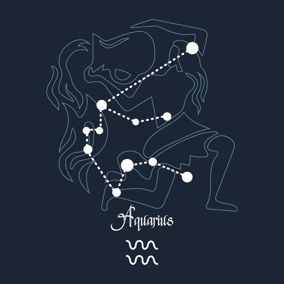 Aquarius, constellation and zodiac sign on the background of the cosmic universe. Blue and white design. Illustration vector