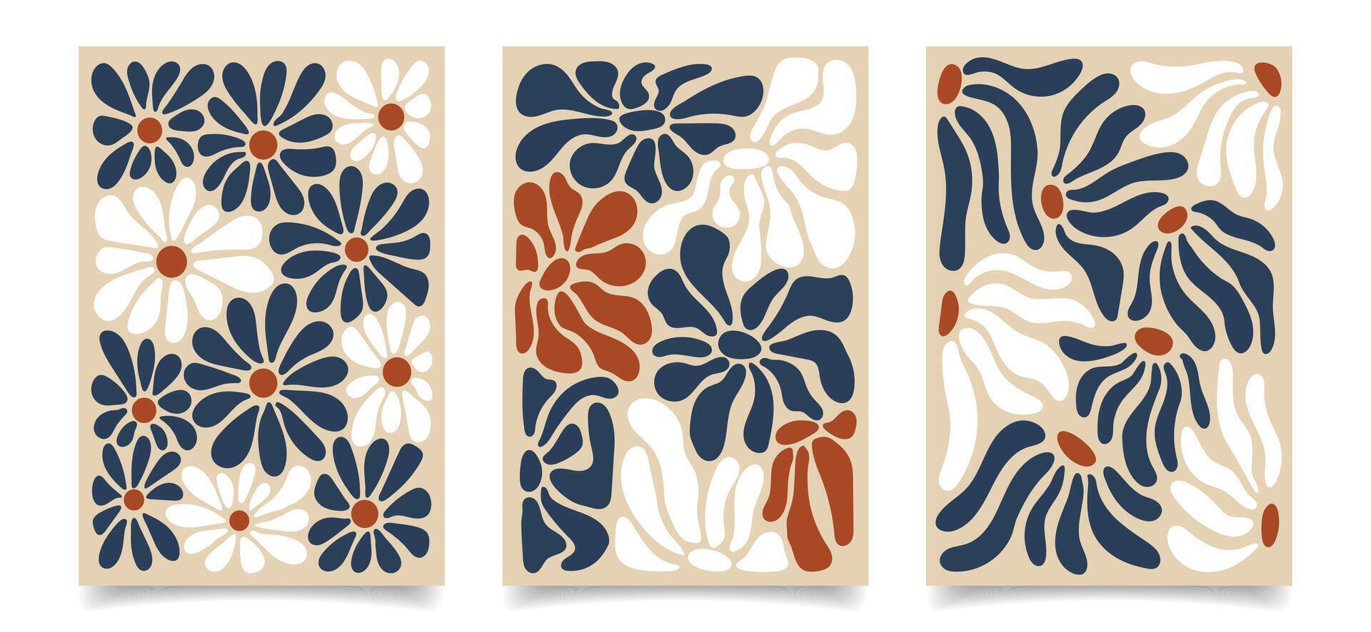 Set of abstract cards with floral motifs. Contemporary tapestries with bohemian flowers and plants. Set of wall posters vector