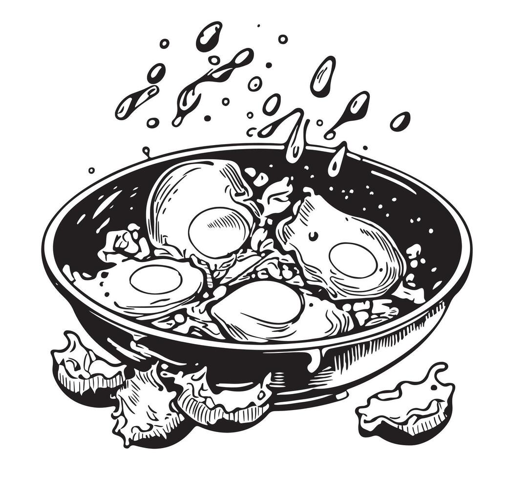 Pan with eggs sketch style illustration. Old engraving imitation. Pan with eggs hand drawn sketch imitation vector