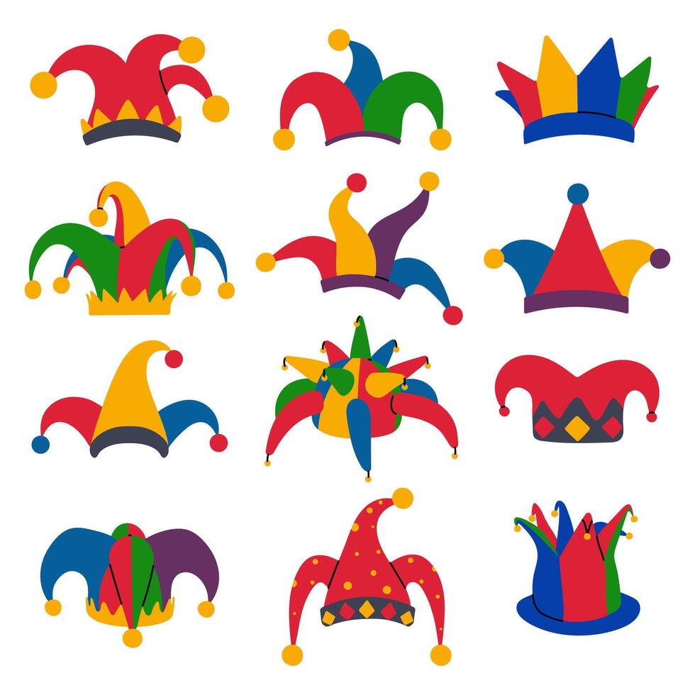Collection of colorful jester hats in various styles. Festive and playful headwear for carnival, circus, and celebration designs. Suitable for posters, invitations, stickers. vector