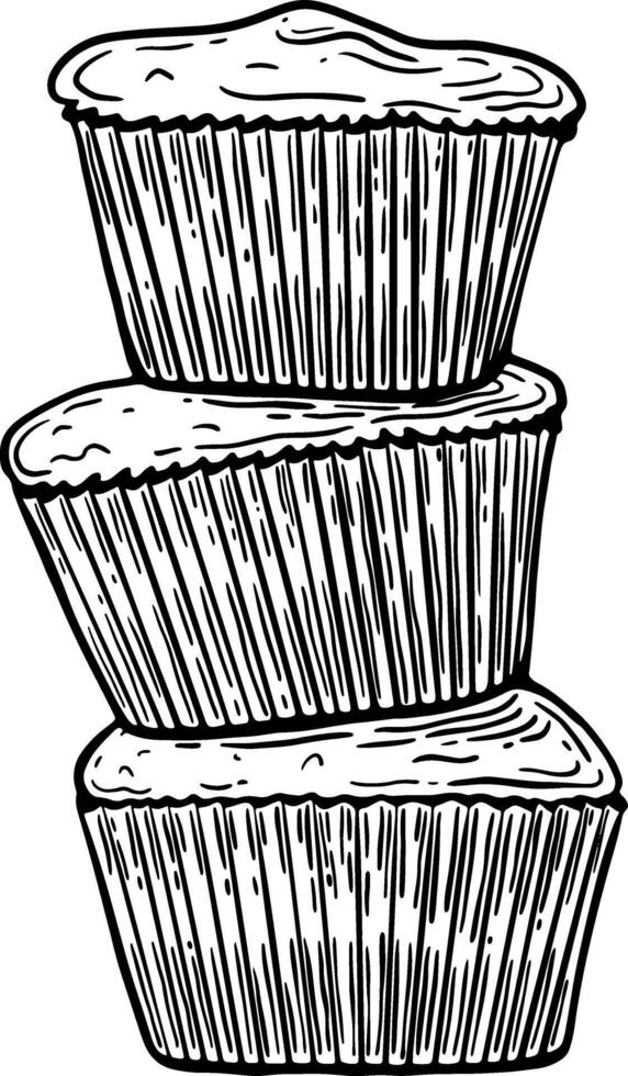 Stack of three Muffins in line art style for groceries, packaging and advertising vector