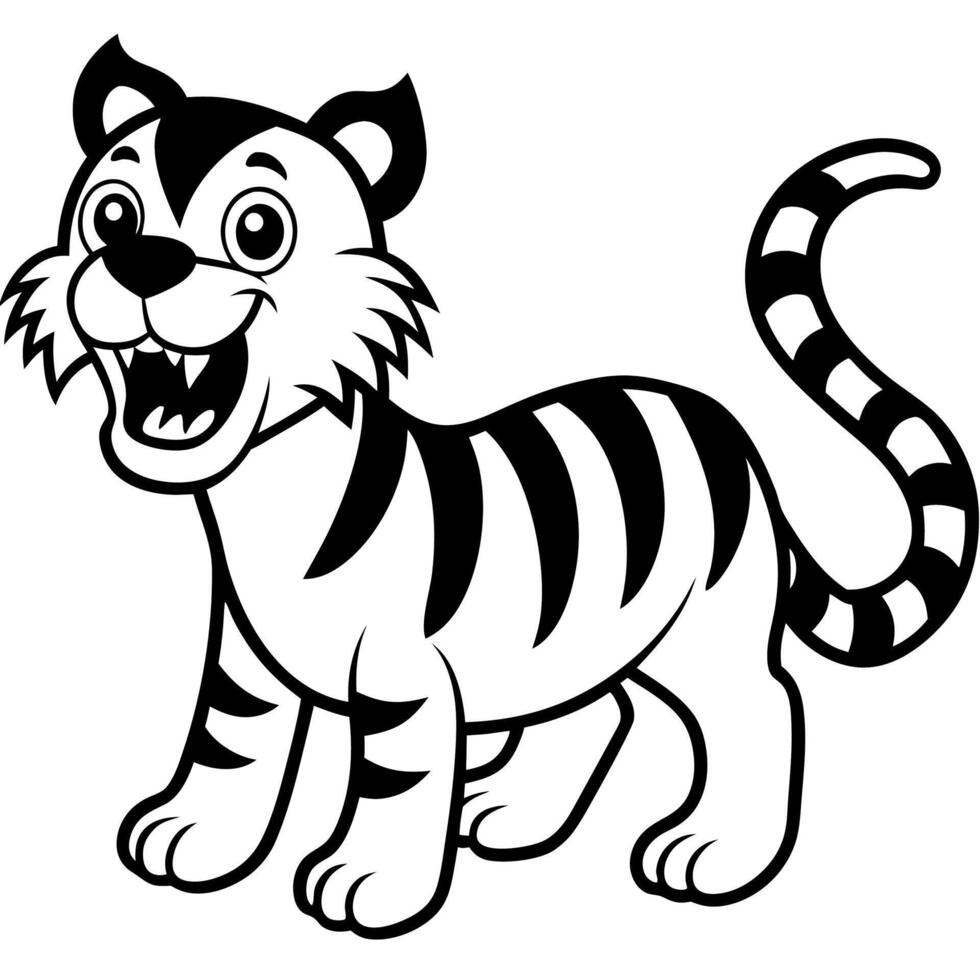 Cute and cartoonish fierce tiger roaring with large expressive eyes, perfect jungle themed line art for coloring. vector