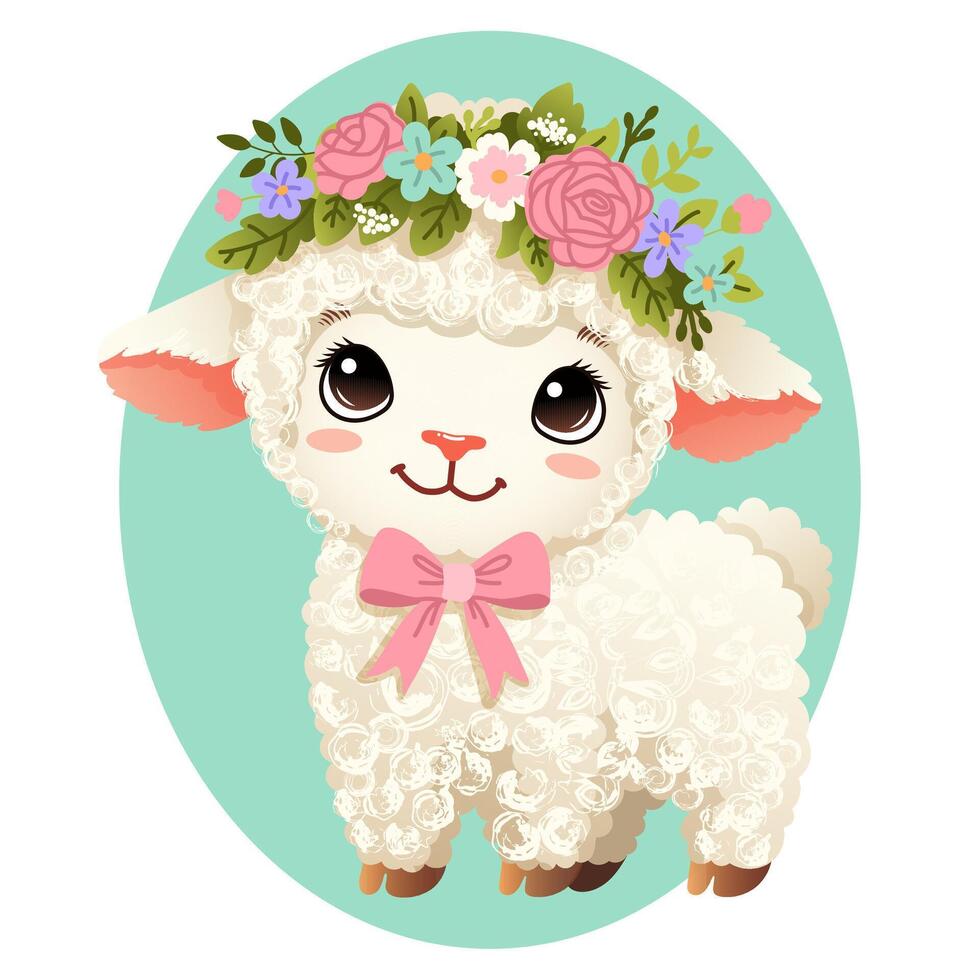 Adorable Easter lamb illustration with a floral wreath, pink bow, and big sparkling eyes vector