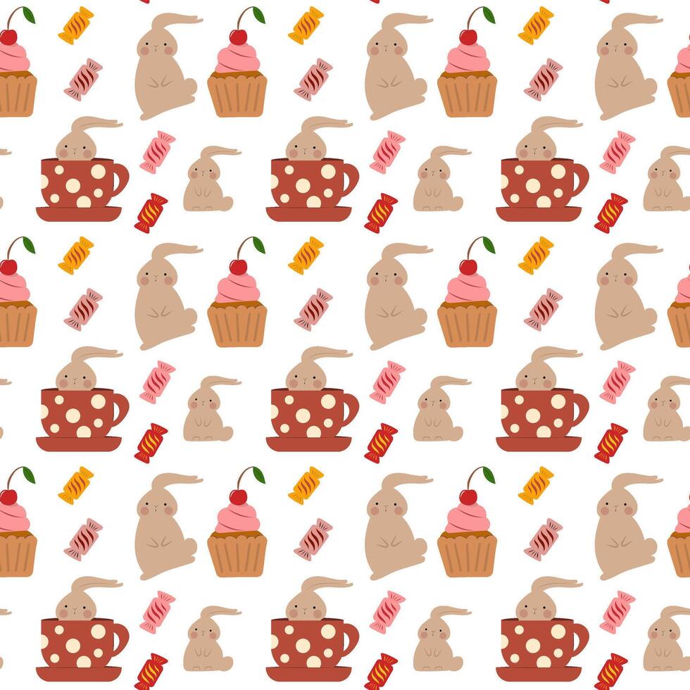 Cute seamless pattern with bunny and cake vector