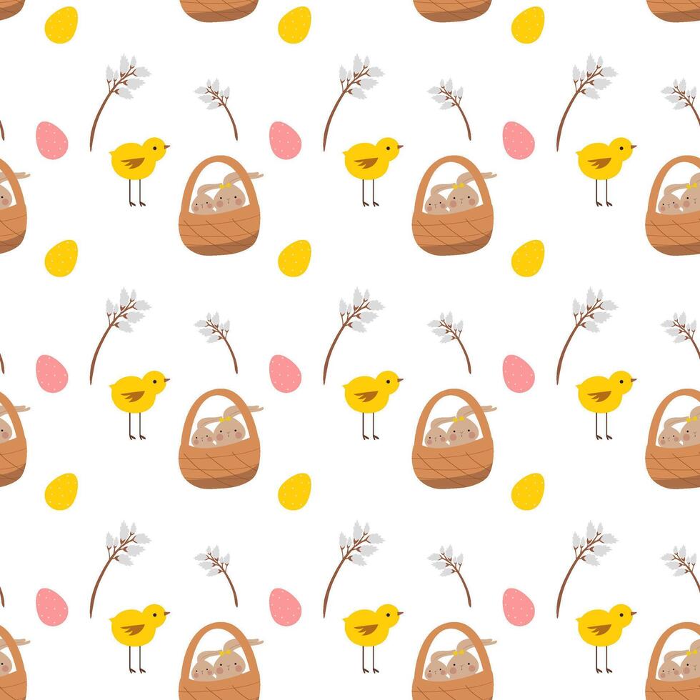 Tender seamless pattern with bunny in basket vector