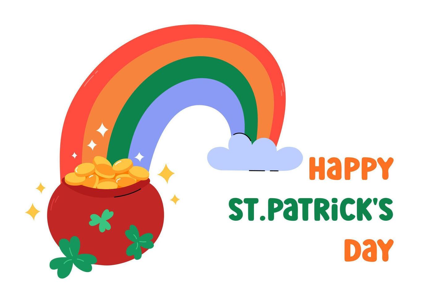 St. Patricks Day greeting card, illustration. Cute Leprechauns pot of gold and colorful rainbow. Happy Saint Patrick Day March 17 horizontal card, poster vector